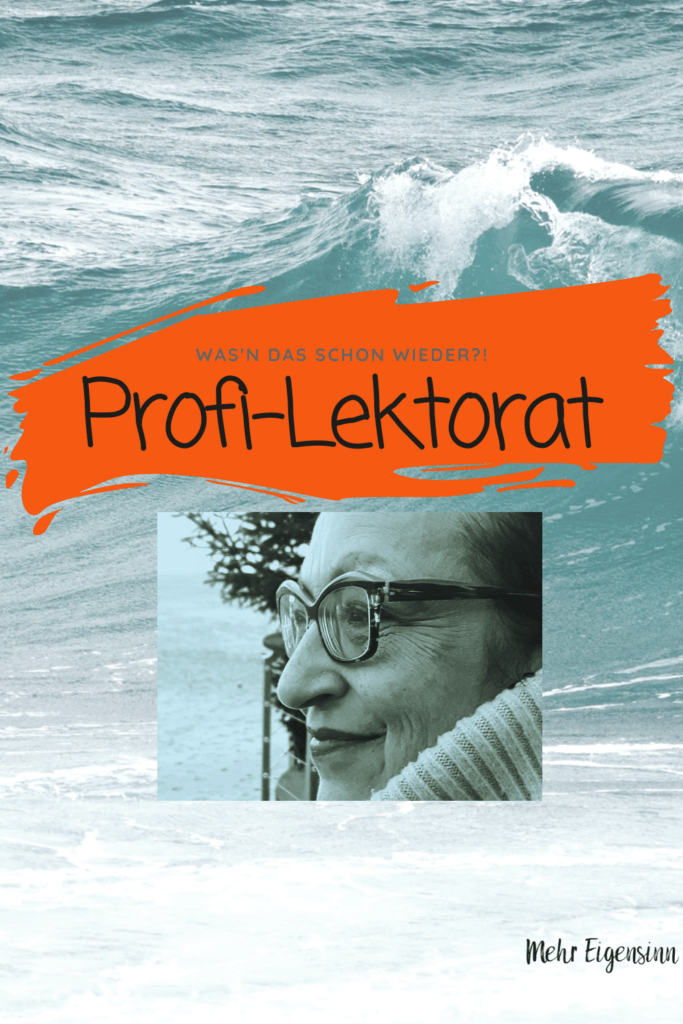 Porträt der Profi-Lektorin Maria Al-Mana vor Meeres-Hintergrund. Schrift auf Orangefarbenem Grund: Was'n das schon wieder?! Profi-Lektorat